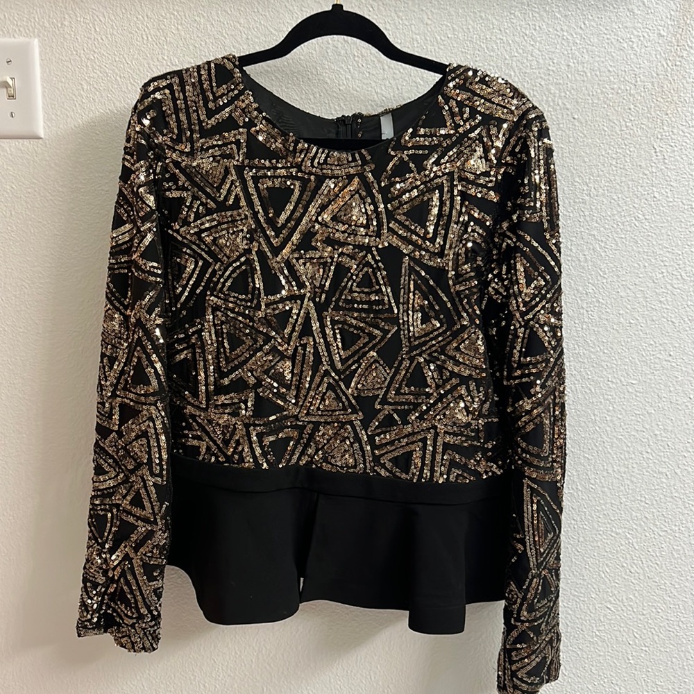 Long-sleeve Gold Sequin Peplum Top